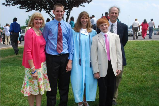 Mrs. Debbie Opiekun celebrates with Christie, Michael, Joseph & Dad Opiekun at Christie's Graduation from Clarksburg High School after near fatal crash at the intersection of Morningstar and Ridge Road on August 12, 2009.  